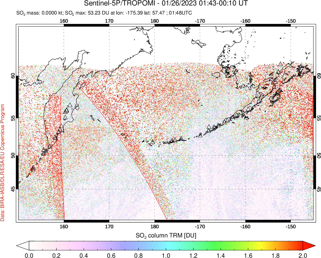 A sulfur dioxide image over North Pacific on Jan 26, 2023.