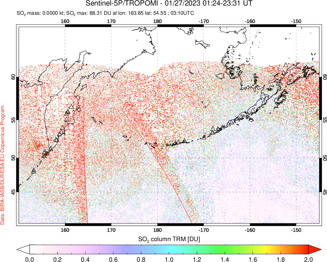 A sulfur dioxide image over North Pacific on Jan 27, 2023.