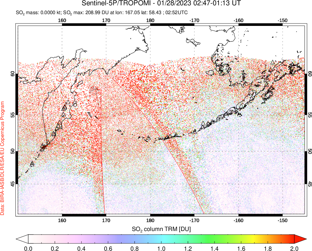 A sulfur dioxide image over North Pacific on Jan 28, 2023.