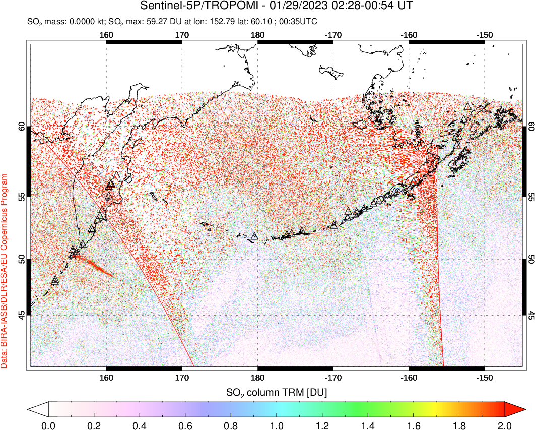 A sulfur dioxide image over North Pacific on Jan 29, 2023.