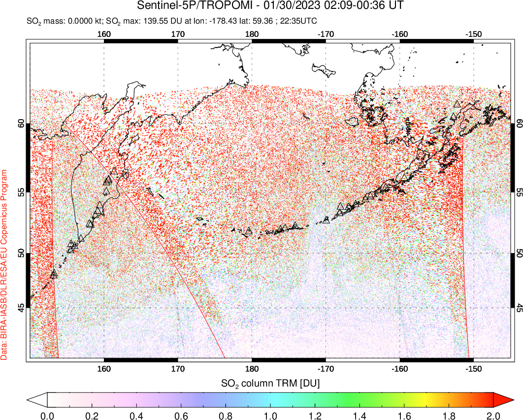 A sulfur dioxide image over North Pacific on Jan 30, 2023.