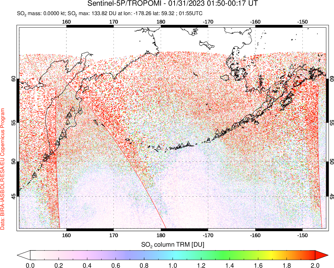 A sulfur dioxide image over North Pacific on Jan 31, 2023.