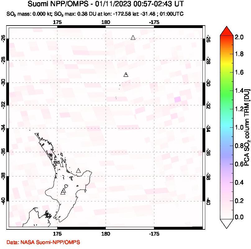 A sulfur dioxide image over New Zealand on Jan 11, 2023.