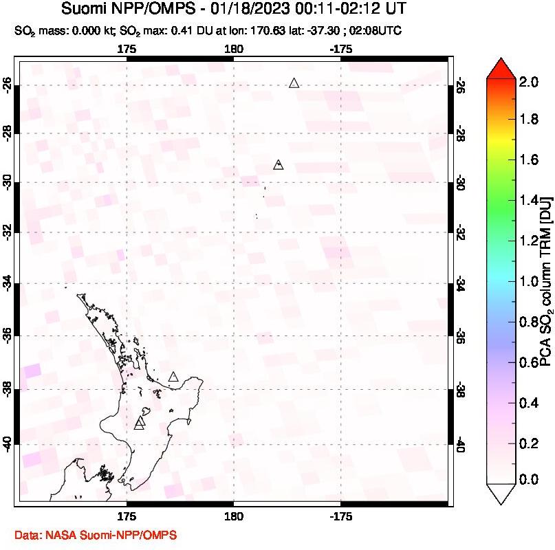 A sulfur dioxide image over New Zealand on Jan 18, 2023.