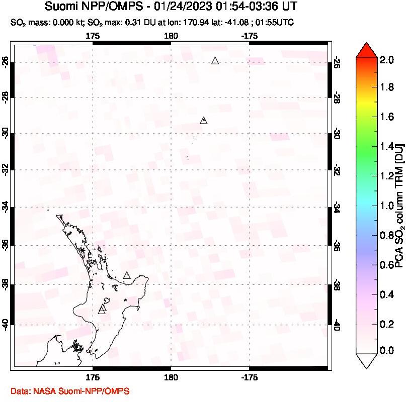 A sulfur dioxide image over New Zealand on Jan 24, 2023.