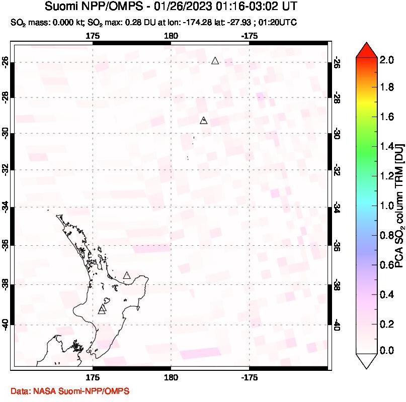 A sulfur dioxide image over New Zealand on Jan 26, 2023.