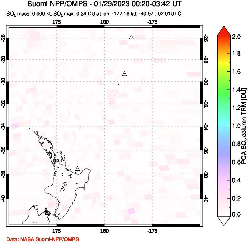A sulfur dioxide image over New Zealand on Jan 29, 2023.