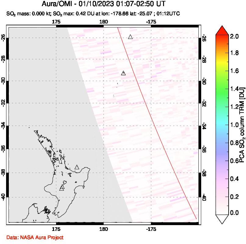 A sulfur dioxide image over New Zealand on Jan 10, 2023.
