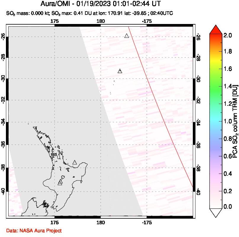 A sulfur dioxide image over New Zealand on Jan 19, 2023.