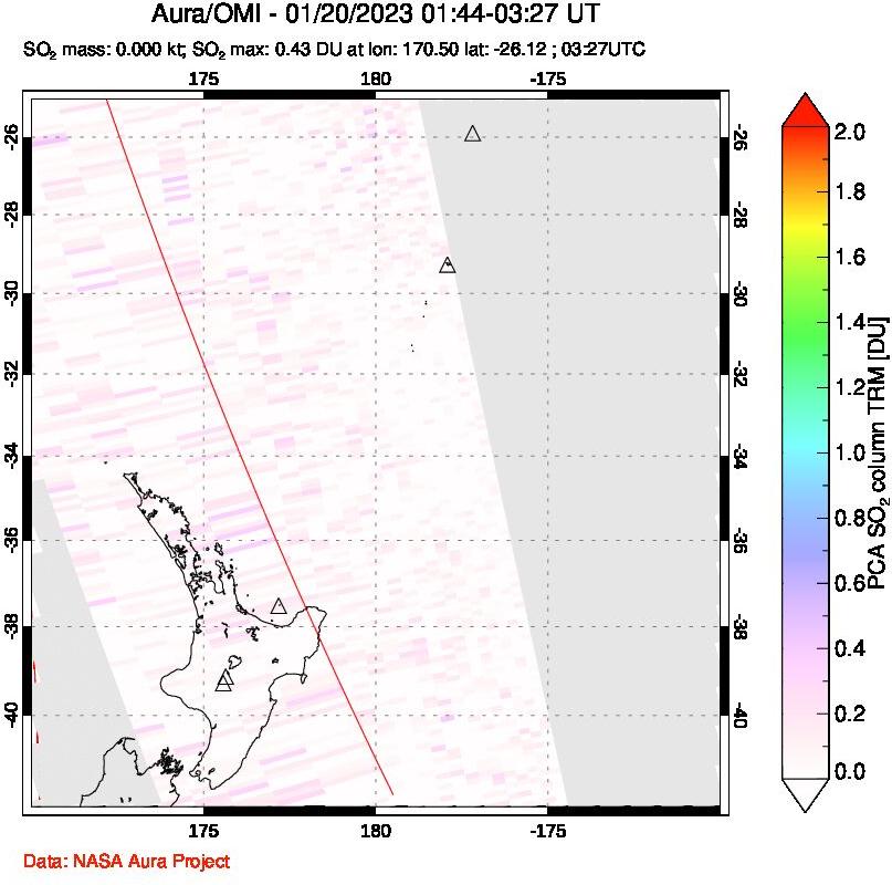 A sulfur dioxide image over New Zealand on Jan 20, 2023.