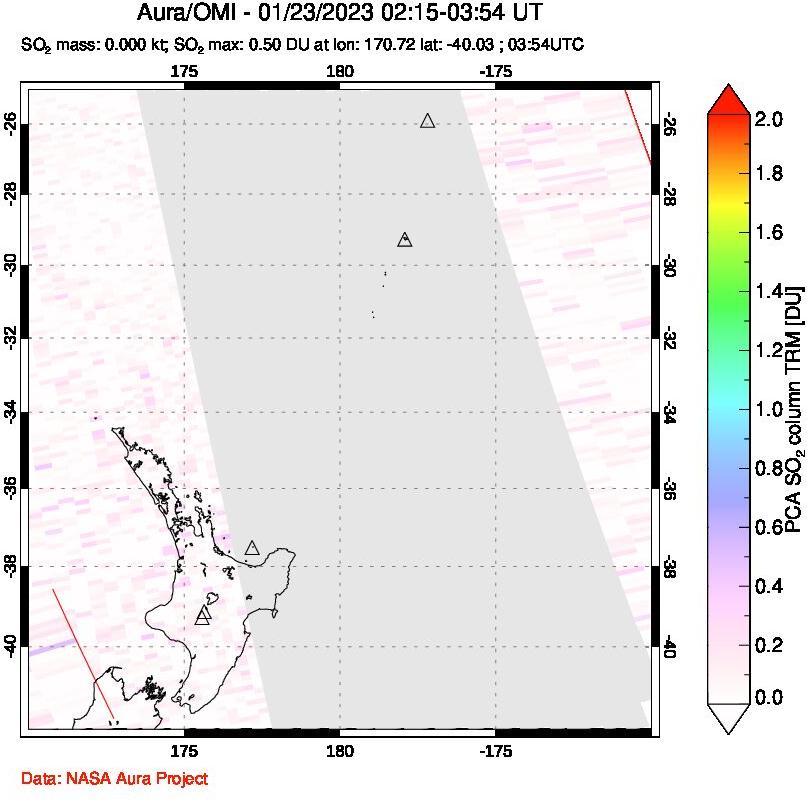 A sulfur dioxide image over New Zealand on Jan 23, 2023.