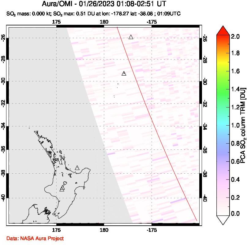 A sulfur dioxide image over New Zealand on Jan 26, 2023.
