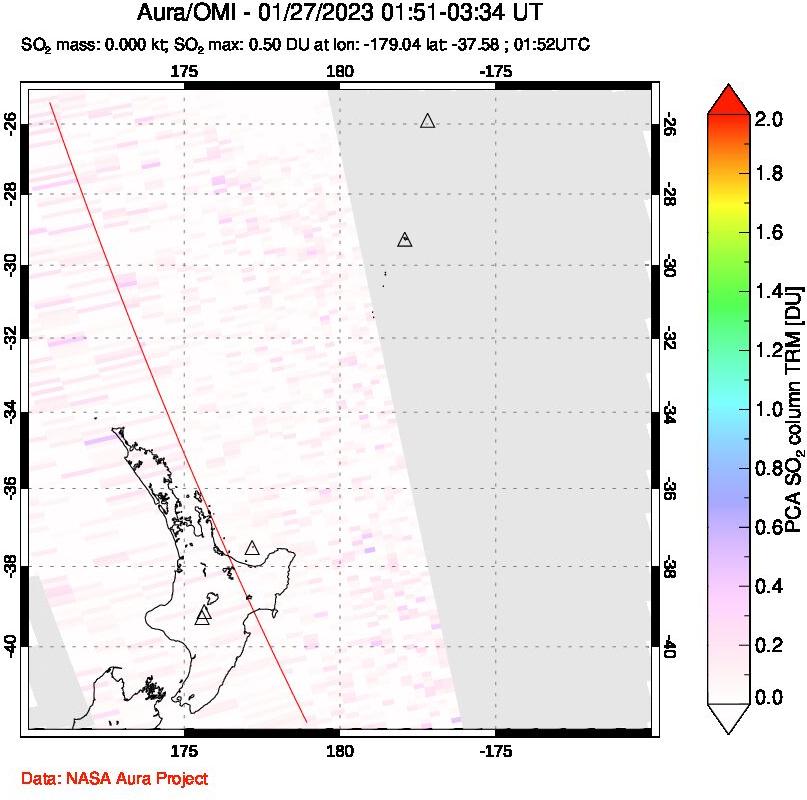 A sulfur dioxide image over New Zealand on Jan 27, 2023.