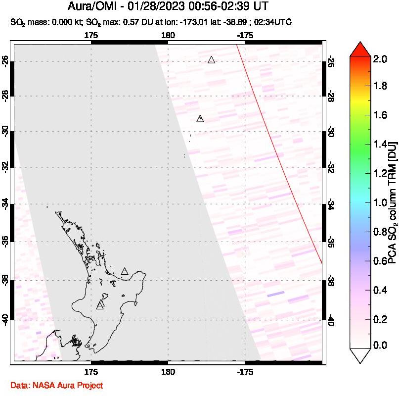 A sulfur dioxide image over New Zealand on Jan 28, 2023.