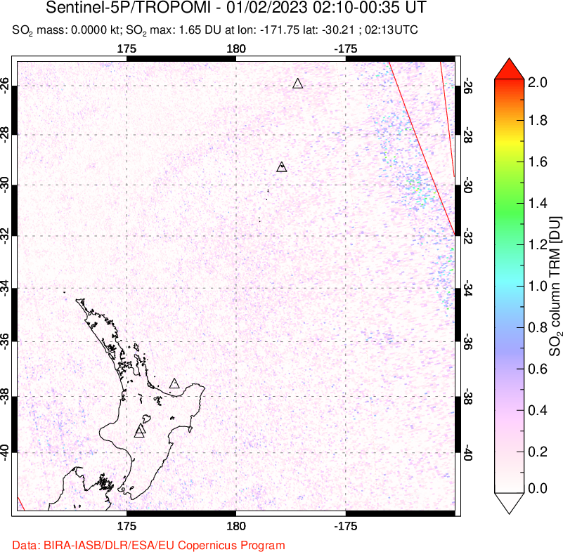 A sulfur dioxide image over New Zealand on Jan 02, 2023.