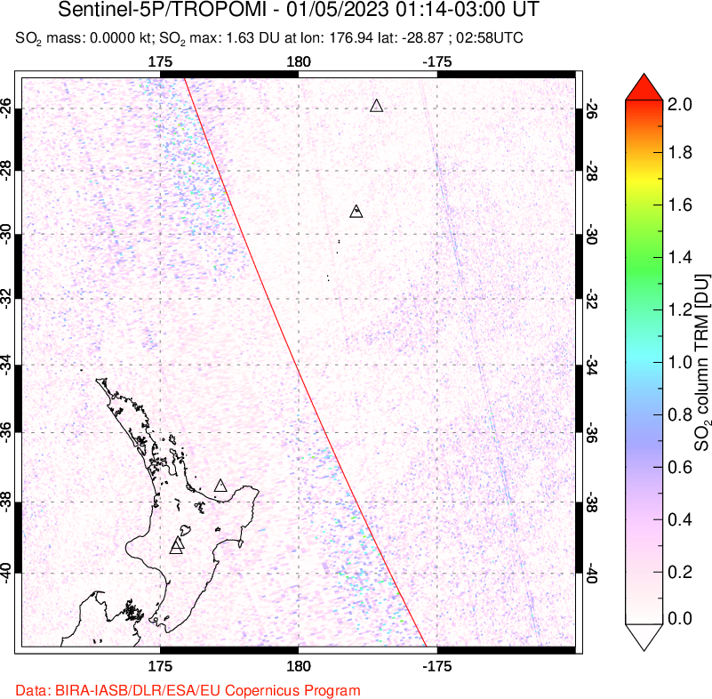 A sulfur dioxide image over New Zealand on Jan 05, 2023.