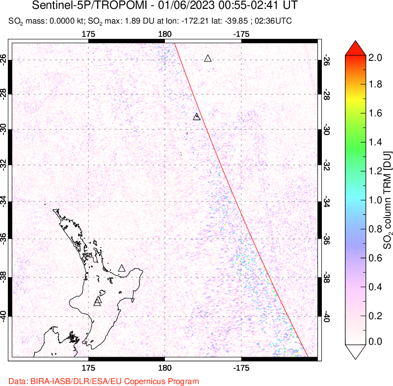 A sulfur dioxide image over New Zealand on Jan 06, 2023.