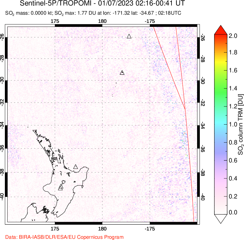 A sulfur dioxide image over New Zealand on Jan 07, 2023.