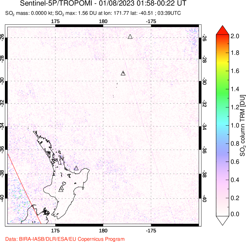 A sulfur dioxide image over New Zealand on Jan 08, 2023.