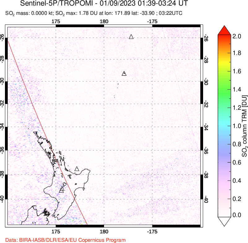 A sulfur dioxide image over New Zealand on Jan 09, 2023.