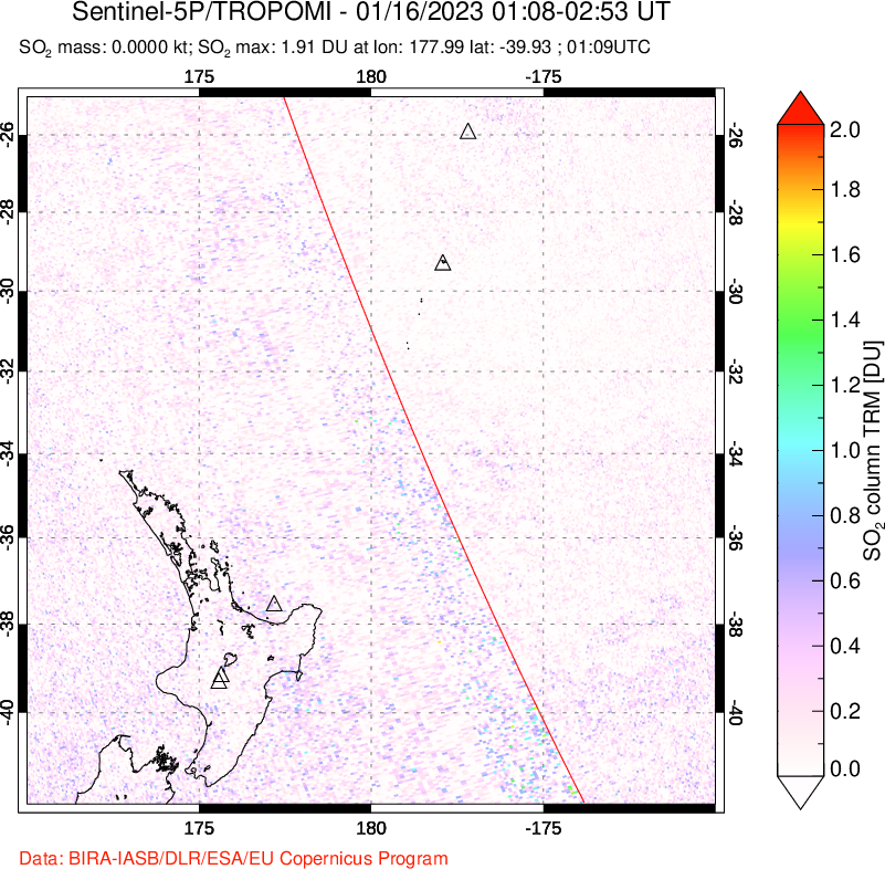 A sulfur dioxide image over New Zealand on Jan 16, 2023.