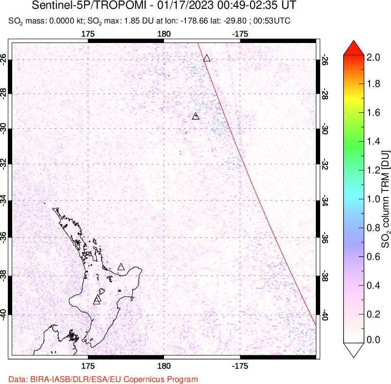 A sulfur dioxide image over New Zealand on Jan 17, 2023.