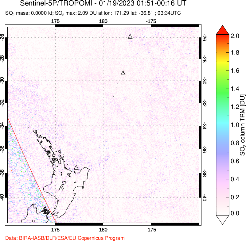 A sulfur dioxide image over New Zealand on Jan 19, 2023.