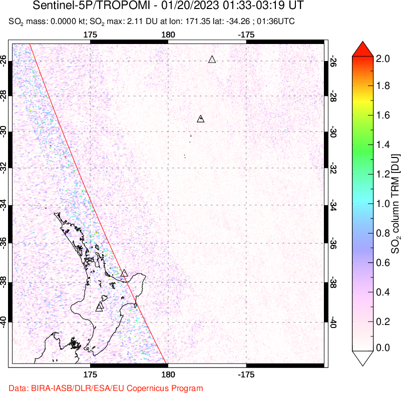 A sulfur dioxide image over New Zealand on Jan 20, 2023.
