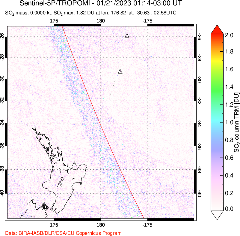 A sulfur dioxide image over New Zealand on Jan 21, 2023.