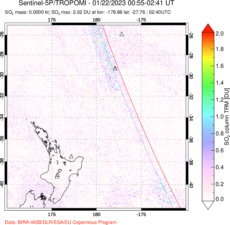 A sulfur dioxide image over New Zealand on Jan 22, 2023.