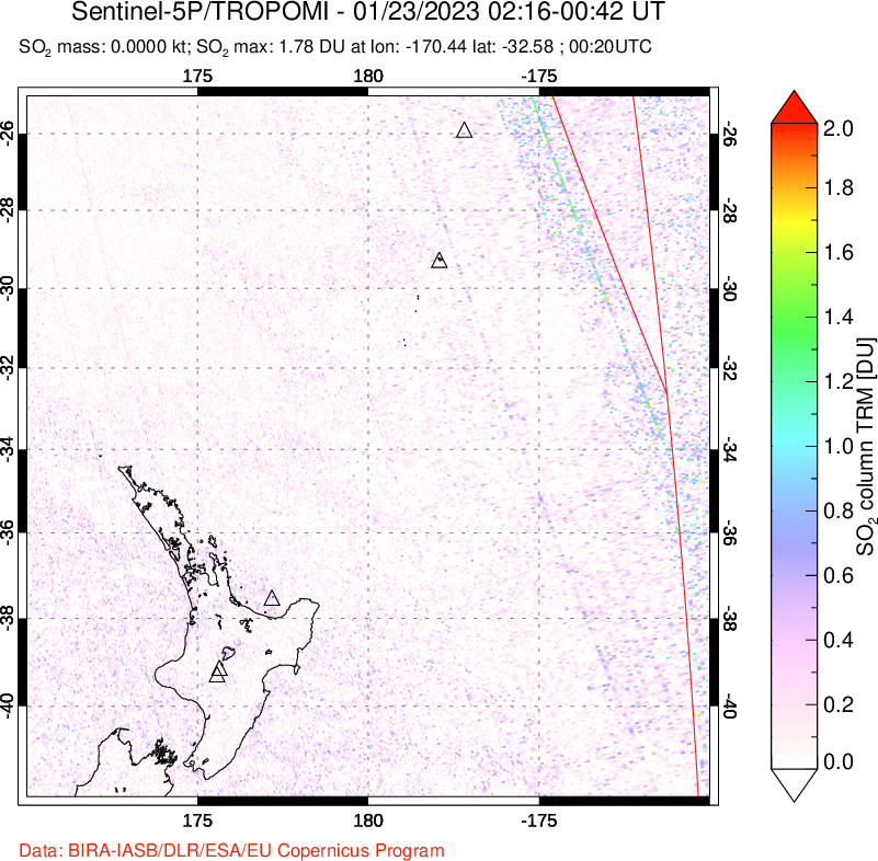 A sulfur dioxide image over New Zealand on Jan 23, 2023.
