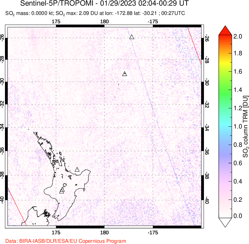 A sulfur dioxide image over New Zealand on Jan 29, 2023.