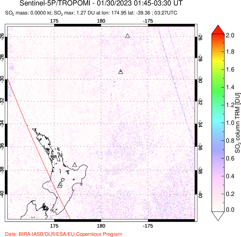 A sulfur dioxide image over New Zealand on Jan 30, 2023.
