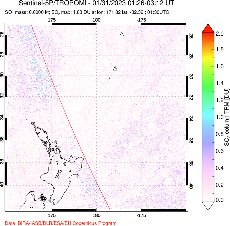 A sulfur dioxide image over New Zealand on Jan 31, 2023.