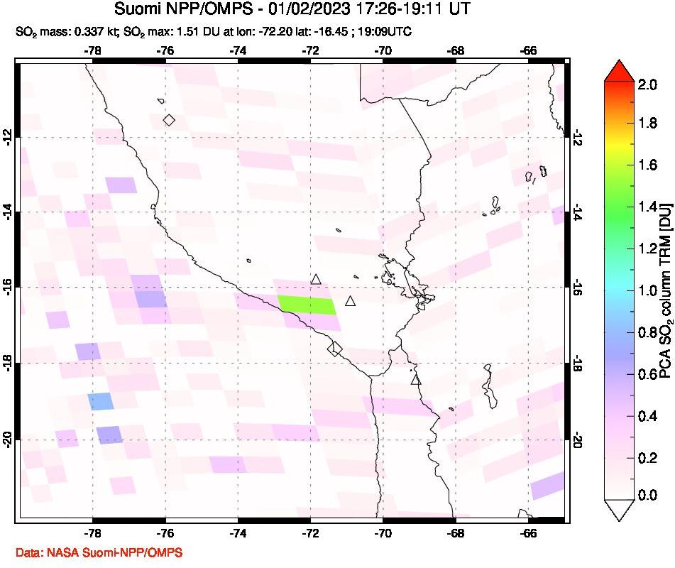 A sulfur dioxide image over Peru on Jan 02, 2023.