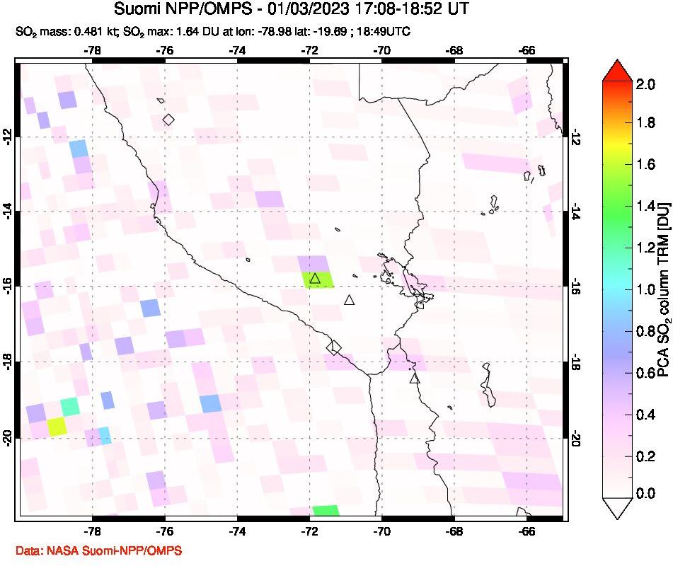 A sulfur dioxide image over Peru on Jan 03, 2023.