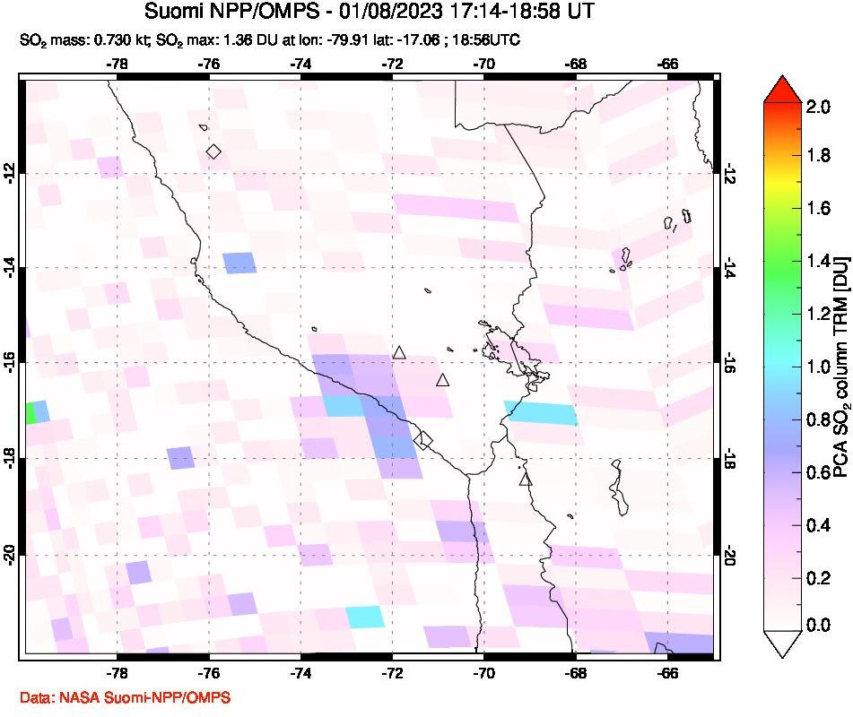A sulfur dioxide image over Peru on Jan 08, 2023.