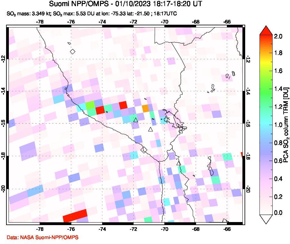 A sulfur dioxide image over Peru on Jan 10, 2023.
