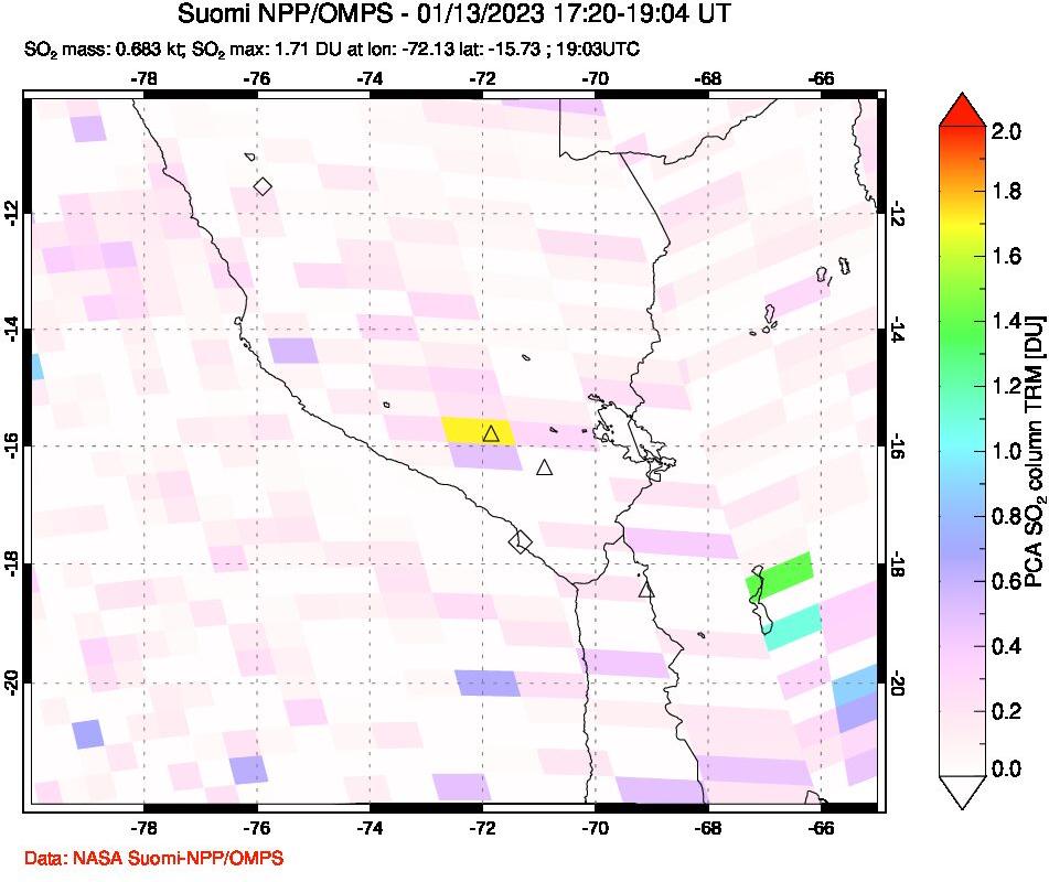 A sulfur dioxide image over Peru on Jan 13, 2023.