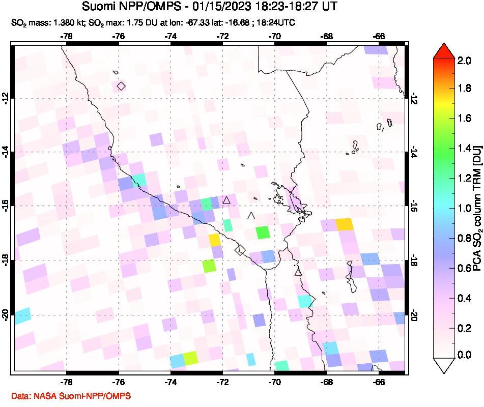 A sulfur dioxide image over Peru on Jan 15, 2023.