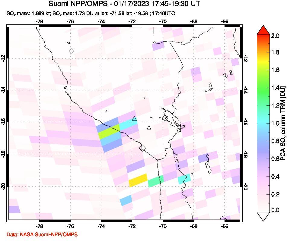 A sulfur dioxide image over Peru on Jan 17, 2023.