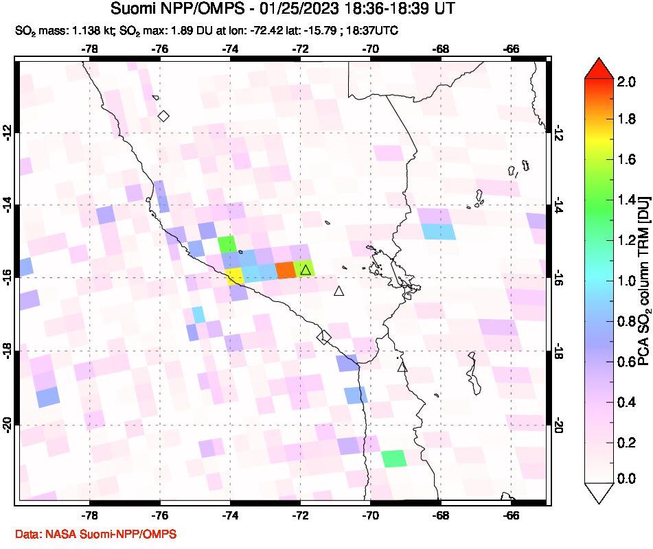 A sulfur dioxide image over Peru on Jan 25, 2023.