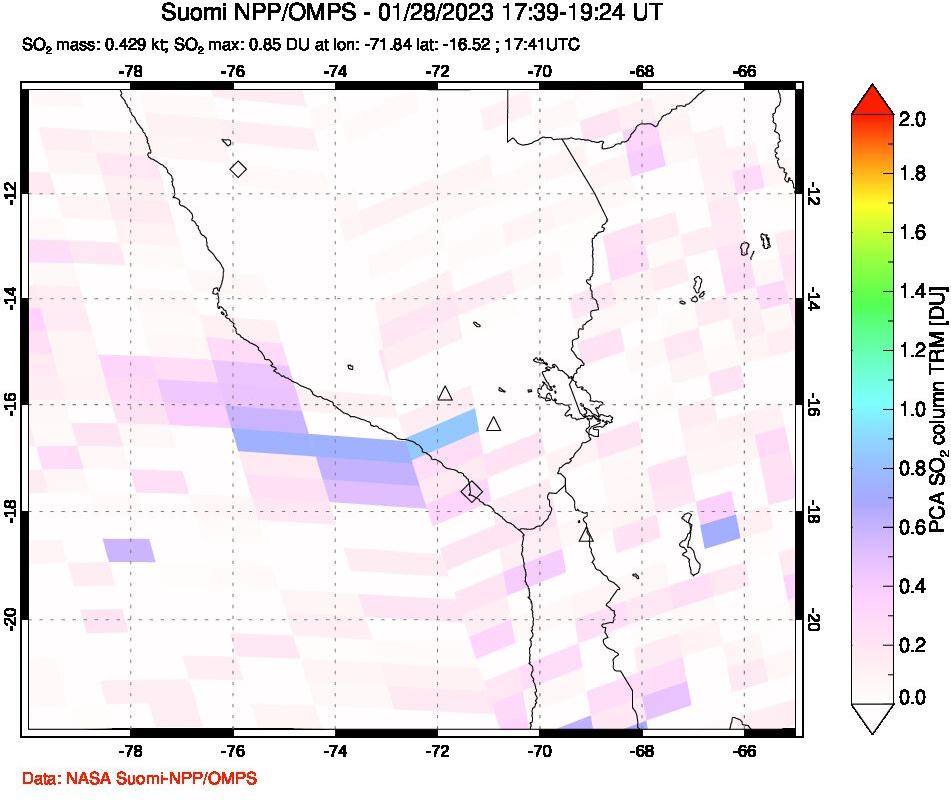 A sulfur dioxide image over Peru on Jan 28, 2023.