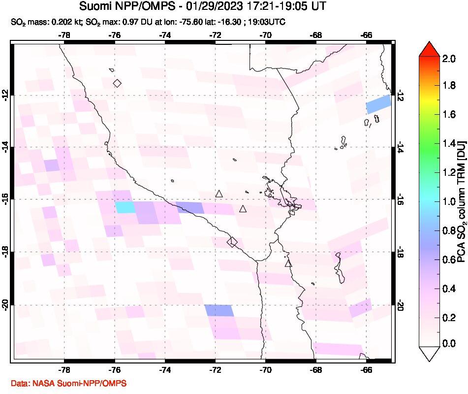 A sulfur dioxide image over Peru on Jan 29, 2023.