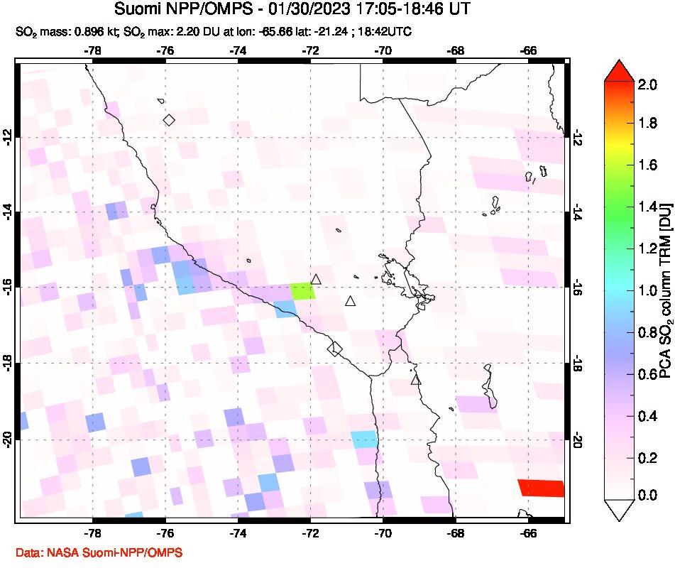 A sulfur dioxide image over Peru on Jan 30, 2023.