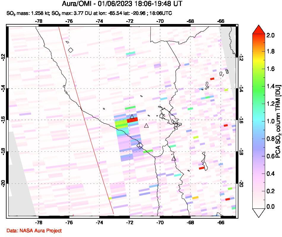A sulfur dioxide image over Peru on Jan 06, 2023.