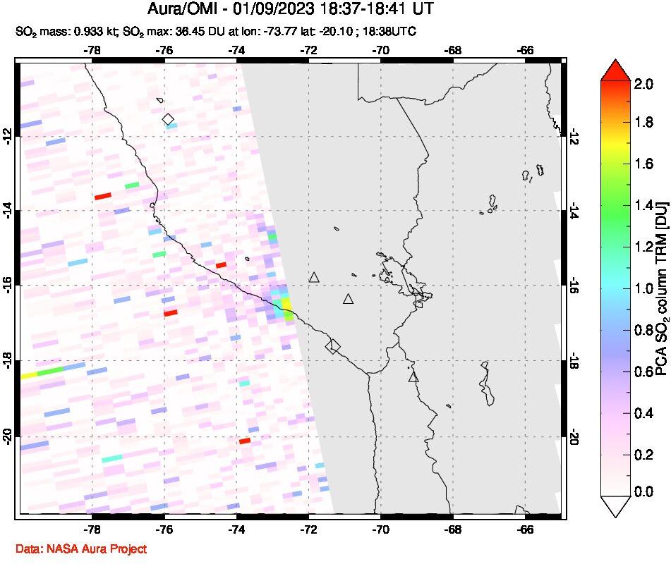 A sulfur dioxide image over Peru on Jan 09, 2023.