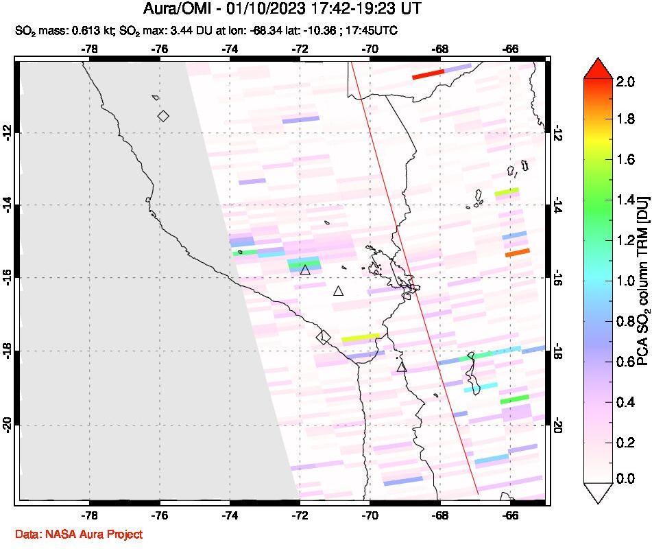 A sulfur dioxide image over Peru on Jan 10, 2023.