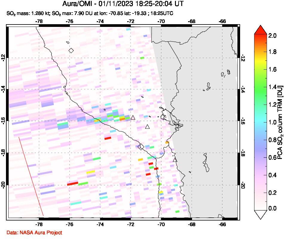 A sulfur dioxide image over Peru on Jan 11, 2023.