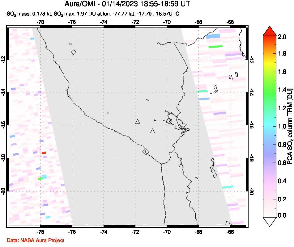 A sulfur dioxide image over Peru on Jan 14, 2023.